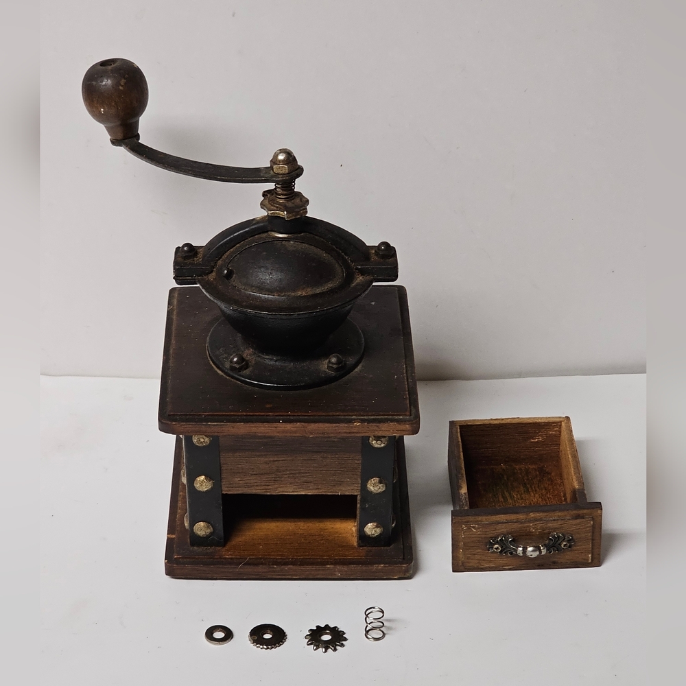Vintage Wood Dove Tailed Coffee Grinder Mill Embossed Cast Iron Primitive